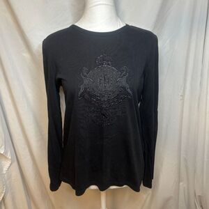 Lauren Ralph Lauren LRL Emblem Bling Black Long Sleeve Top Shirt Womens Designer
